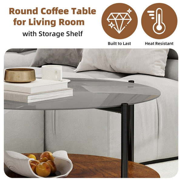 English Elm Modern Round Coffee Table Tempered Glass Top Walnut Shelf Sleek Living Room W1935P457157