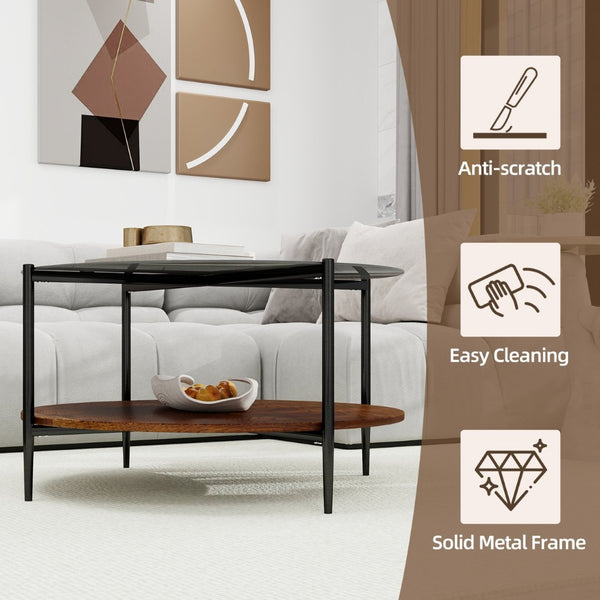 English Elm Modern Round Coffee Table Tempered Glass Top Walnut Shelf Sleek Living Room W1935P457157