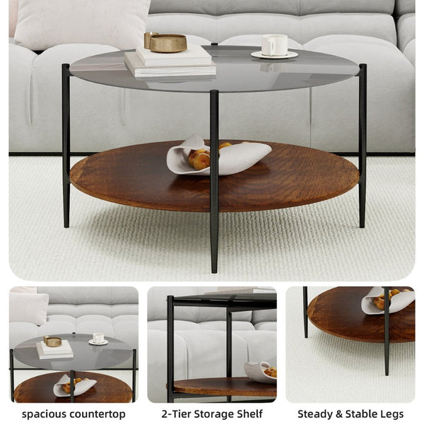 English Elm Modern Round Coffee Table Tempered Glass Top Walnut Shelf Sleek Living Room W1935P457157