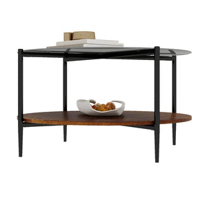 English Elm Modern Round Coffee Table Tempered Glass Top Walnut Shelf Sleek Living Room W1935P457157