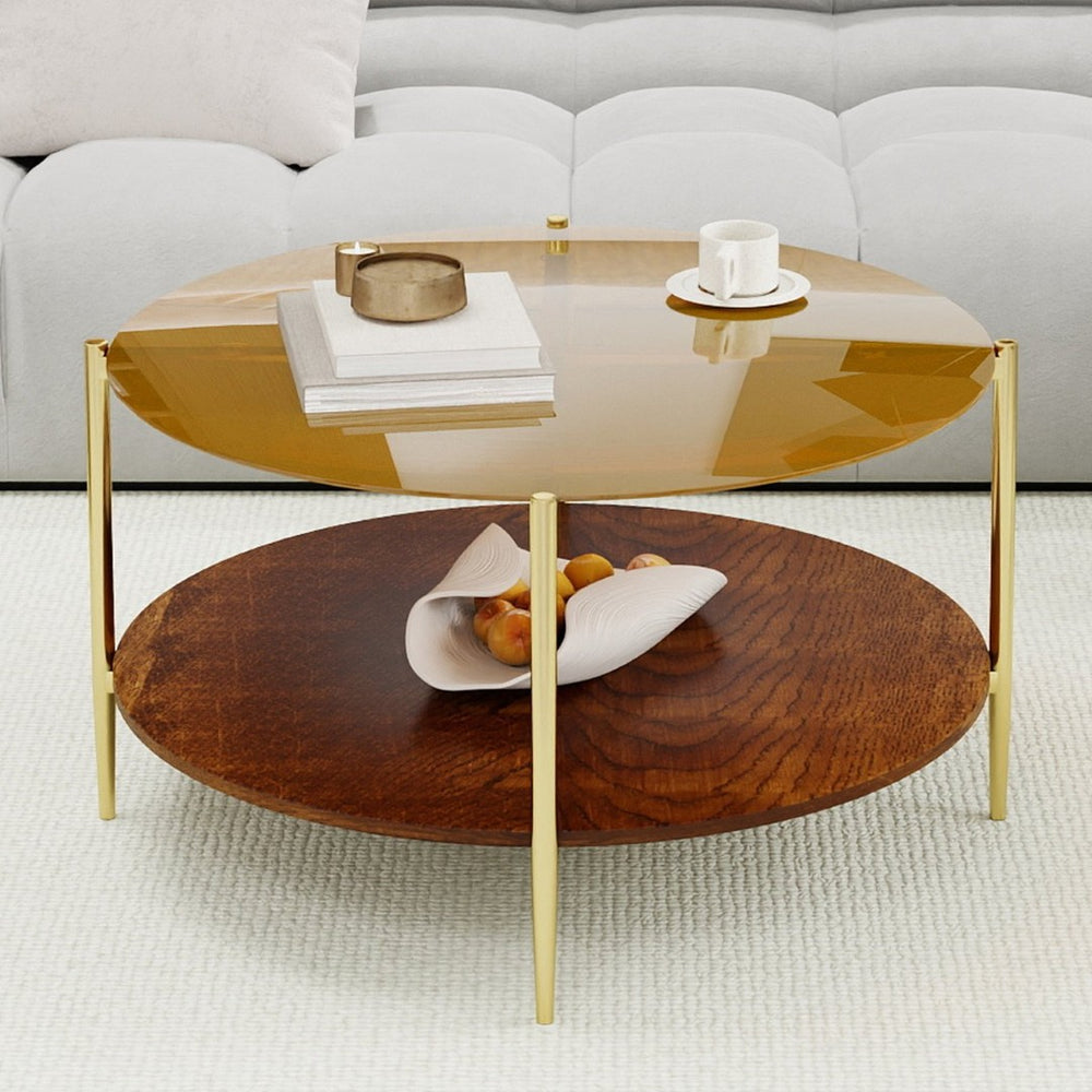English Elm Luxurious Round Glass and Walnut Two-Tier Coffee Table with Gold Metal Frame W1935P457159