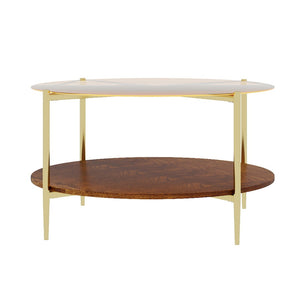 English Elm Luxurious Round Glass and Walnut Two-Tier Coffee Table with Gold Metal Frame W1935P457159