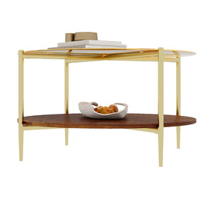 English Elm Luxurious Round Glass and Walnut Two-Tier Coffee Table with Gold Metal Frame W1935P457159