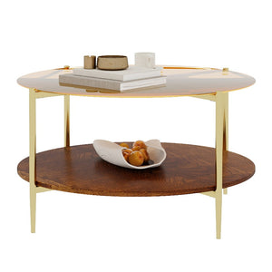 English Elm Luxurious Round Glass and Walnut Two-Tier Coffee Table with Gold Metal Frame W1935P457159