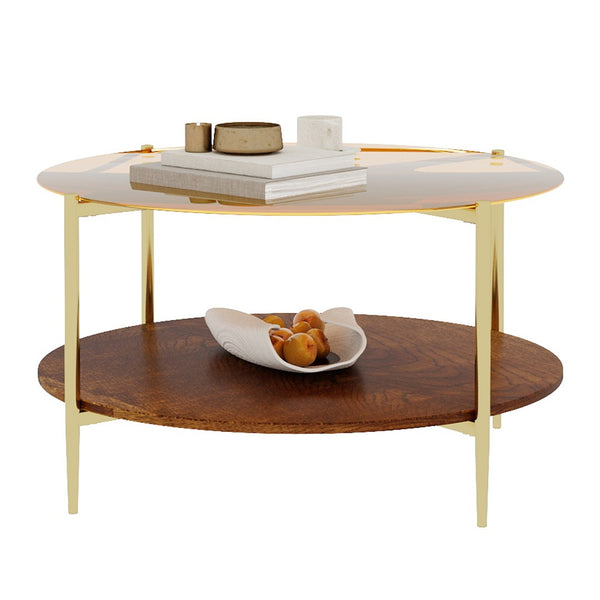 English Elm Luxurious Round Glass and Walnut Two-Tier Coffee Table with Gold Metal Frame W1935P457159