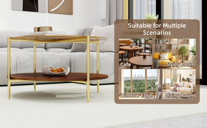 English Elm Luxurious Round Glass and Walnut Two-Tier Coffee Table with Gold Metal Frame W1935P457159