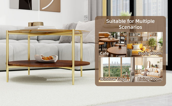 English Elm Luxurious Round Glass and Walnut Two-Tier Coffee Table with Gold Metal Frame W1935P457159