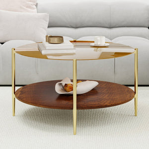 English Elm Luxurious Round Glass and Walnut Two-Tier Coffee Table with Gold Metal Frame W1935P457159