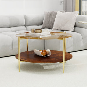 English Elm Luxurious Round Glass and Walnut Two-Tier Coffee Table with Gold Metal Frame W1935P457159