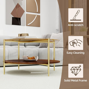 English Elm Luxurious Round Glass and Walnut Two-Tier Coffee Table with Gold Metal Frame W1935P457159