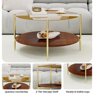 English Elm Luxurious Round Glass and Walnut Two-Tier Coffee Table with Gold Metal Frame W1935P457159