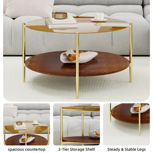 English Elm Luxurious Round Glass and Walnut Two-Tier Coffee Table with Gold Metal Frame W1935P457159