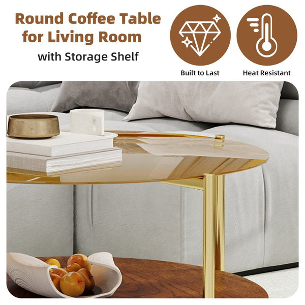 English Elm Luxurious Round Glass and Walnut Two-Tier Coffee Table with Gold Metal Frame W1935P457159