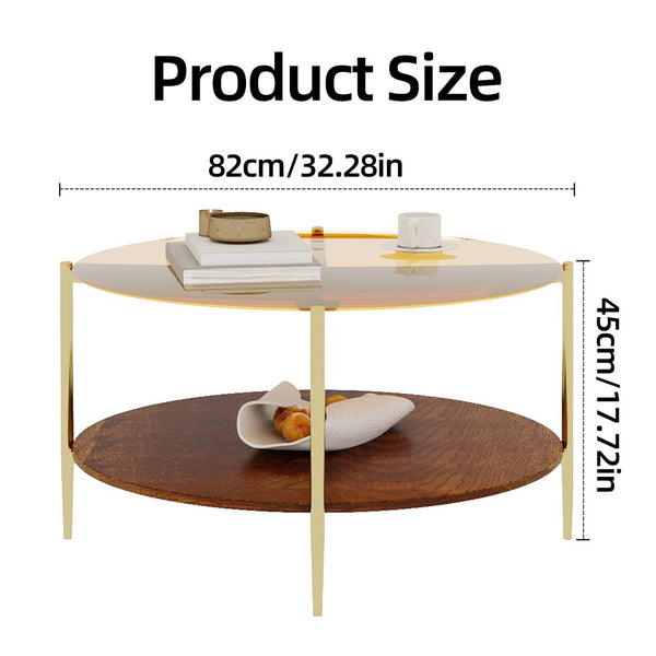 English Elm Luxurious Round Glass and Walnut Two-Tier Coffee Table with Gold Metal Frame W1935P457159