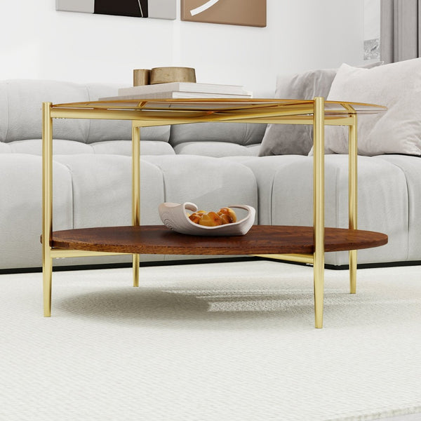English Elm Luxurious Round Glass and Walnut Two-Tier Coffee Table with Gold Metal Frame W1935P457159