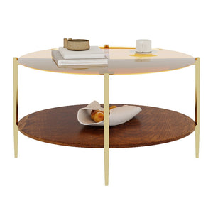 English Elm Luxurious Round Glass and Walnut Two-Tier Coffee Table with Gold Metal Frame W1935P457159