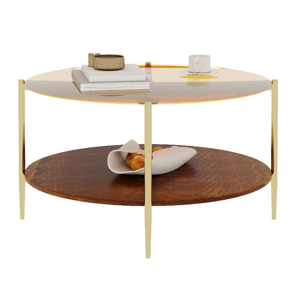 English Elm Luxurious Round Glass and Walnut Two-Tier Coffee Table with Gold Metal Frame W1935P457159