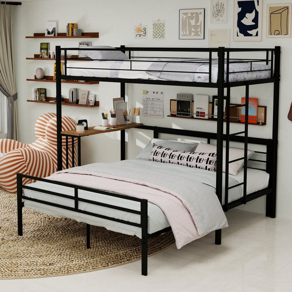 English Elm Heavy-Duty Metal Twin Over Full Bunk Bed with Integrated Desk and Ladder Black Frame W1935P463326
