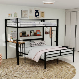 English Elm Heavy-Duty Metal Twin Over Full Bunk Bed with Integrated Desk and Ladder Black Frame W1935P463326