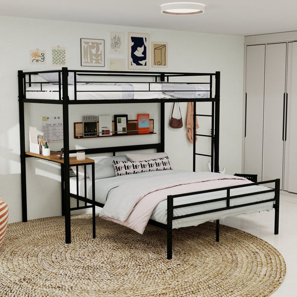 English Elm Heavy-Duty Metal Twin Over Full Bunk Bed with Integrated Desk and Ladder Black Frame W1935P463326