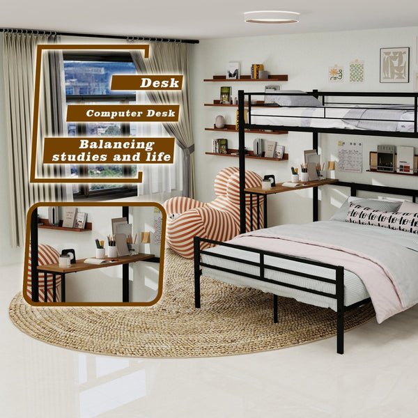 English Elm Heavy-Duty Metal Twin Over Full Bunk Bed with Integrated Desk and Ladder Black Frame W1935P463326