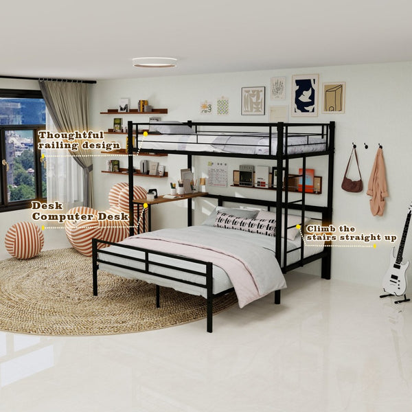 English Elm Heavy-Duty Metal Twin Over Full Bunk Bed with Integrated Desk and Ladder Black Frame W1935P463326
