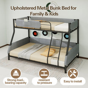 English Elm Sturdy Twin Over Full Iron Bunk Bed with Linen Rail Upholstery for Shared Rooms W1935P534743