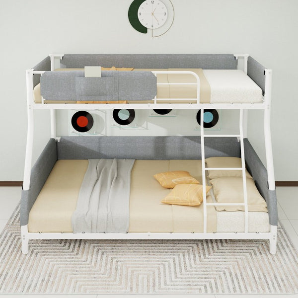 English Elm Sturdy Twin Over Full Iron Bunk Bed with Linen Pockets for Kids or Guests Dark Gray+White 77.17 L x 54.88 W x 54.53 H W1935P534747