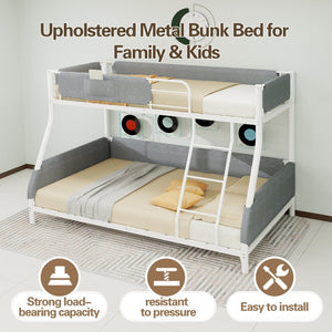 English Elm Sturdy Twin Over Full Iron Bunk Bed with Linen Pockets for Kids or Guests Dark Gray+White 77.17 L x 54.88 W x 54.53 H W1935P534747