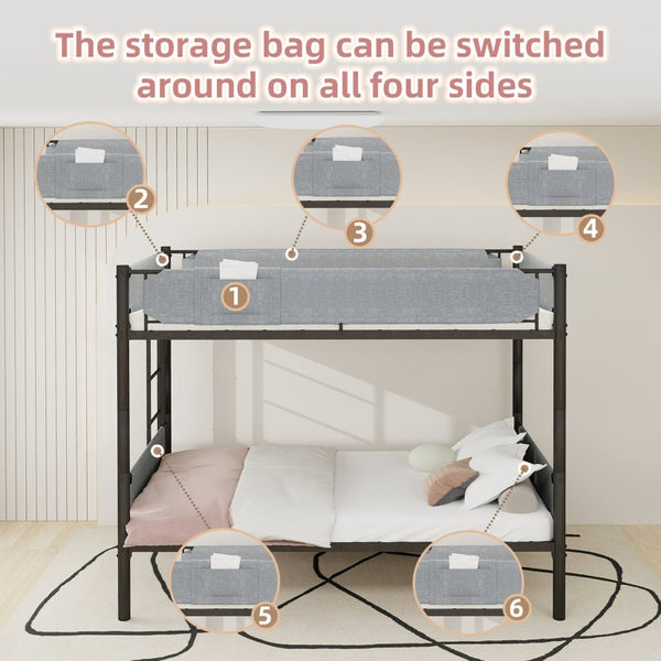 English Elm Sturdy Twin Over Full Iron Bunk Bed with Linen Pockets for Kids or Guests Black 77.76 L x 40.55 W x 62 H W1935P534748