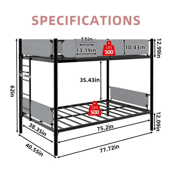 English Elm Sturdy Twin Over Full Iron Bunk Bed with Linen Pockets for Kids or Guests Black 77.76 L x 40.55 W x 62 H W1935P534748