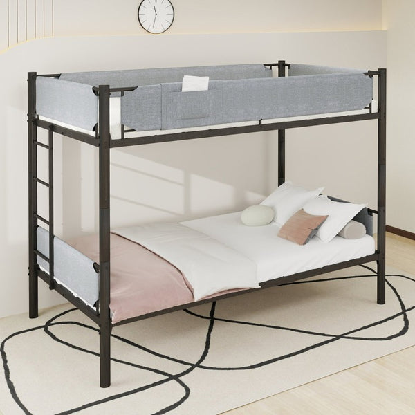 English Elm Sturdy Twin Over Full Iron Bunk Bed with Linen Pockets for Kids or Guests Black 77.76 L x 40.55 W x 62 H W1935P534748