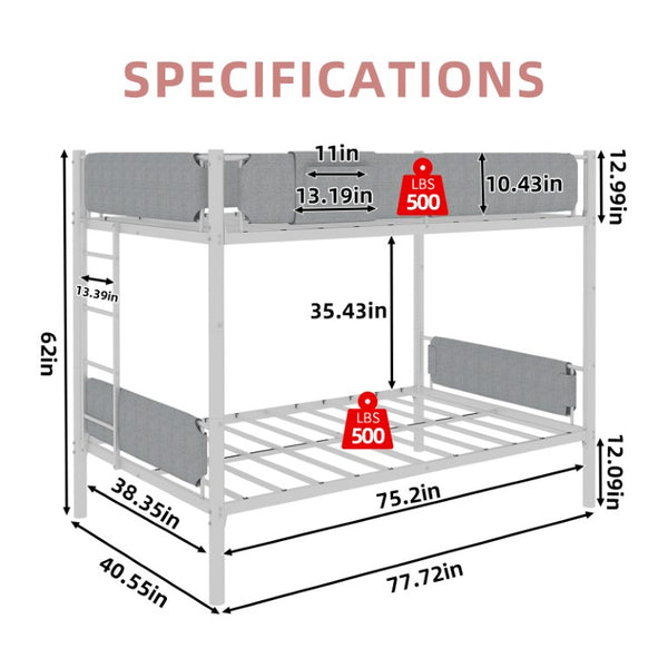 English Elm Iron Twin Over Bunk Bed Convertible Metal Frame with Linen Storage Pockets W1935P534754