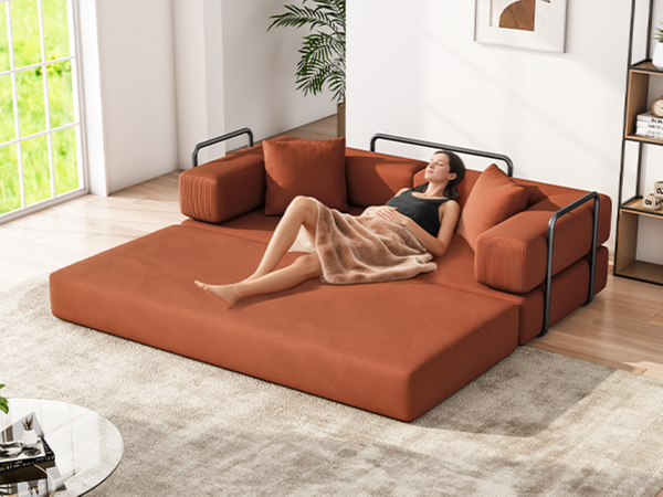 English Elm Folding Corduroy Floor Sofa Converts to King Sleeper Modular 4in1 Futon Lounge Orange W1955P357591