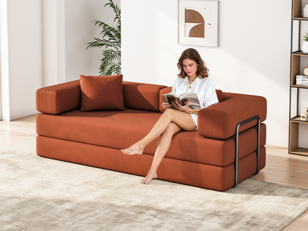 English Elm Folding Corduroy Floor Sofa Converts to King Sleeper Modular 4in1 Futon Lounge Orange W1955P357591