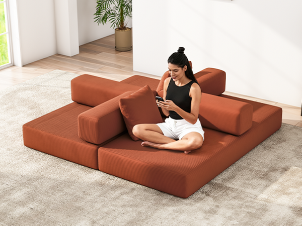 English Elm Folding Corduroy Floor Sofa Converts to King Sleeper Modular 4in1 Futon Lounge Orange W1955P357591