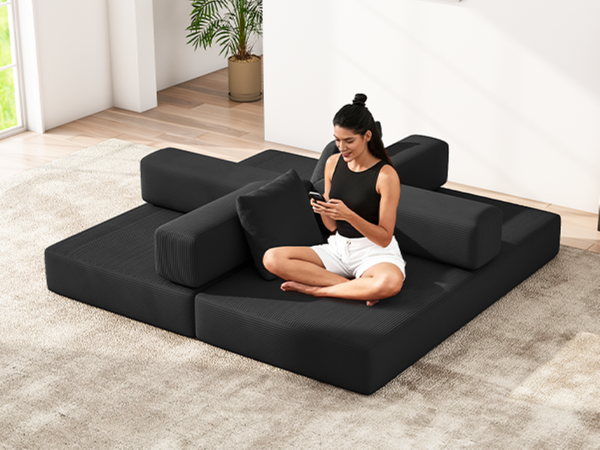 English Elm Folding Corduroy Floor Sofa Converts to King Sleeper Modular 4in1 Futon Lounge Black W1955P357593