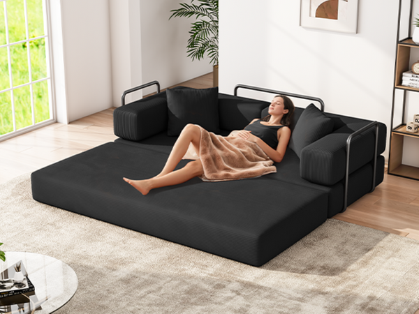 English Elm Folding Corduroy Floor Sofa Converts to King Sleeper Modular 4in1 Futon Lounge Black W1955P357593