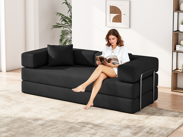 English Elm Folding Corduroy Floor Sofa Converts to King Sleeper Modular 4in1 Futon Lounge Black W1955P357593