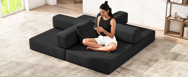 English Elm Folding Corduroy Floor Sofa Converts to King Sleeper Modular 4in1 Futon Lounge Black W1955P357593