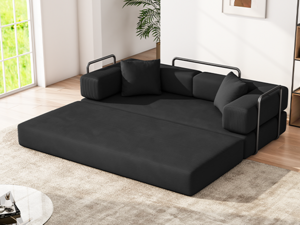 English Elm Folding Corduroy Floor Sofa Converts to King Sleeper Modular 4in1 Futon Lounge Black W1955P357593