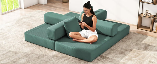 English Elm Folding Corduroy Floor Sofa Converts to King Sleeper Modular 4in1 Futon Lounge Green W1955P357596