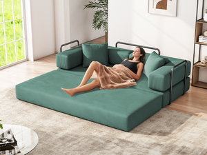 English Elm Folding Corduroy Floor Sofa Converts to King Sleeper Modular 4in1 Futon Lounge Green W1955P357596
