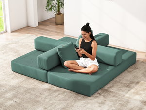 English Elm Folding Corduroy Floor Sofa Converts to King Sleeper Modular 4in1 Futon Lounge Green W1955P357596