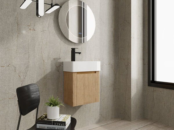 English Elm 18 Inch Floating Bathroom Vanity with Triple Glazed Ceramic Sink and Soft Close Cabinet Door Oak W1972P552382