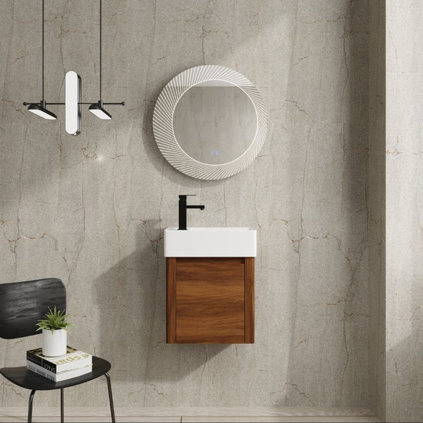 English Elm 18 Inch Floating Bathroom Vanity with Triple Glazed Ceramic Sink and Soft Close Cabinet Door Brown Ebony W1972P552389