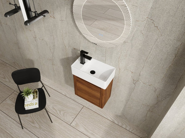 English Elm 18 Inch Floating Bathroom Vanity with Triple Glazed Ceramic Sink and Soft Close Cabinet Door Brown Ebony W1972P552389