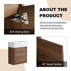 English Elm 18 Inch Floating Bathroom Vanity with Triple Glazed Ceramic Sink and Soft Close Cabinet Door Brown Ebony W1972P552389