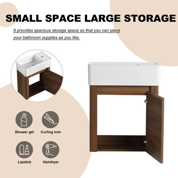 English Elm 18 Inch Floating Bathroom Vanity with Triple Glazed Ceramic Sink and Soft Close Cabinet Door Brown Ebony W1972P552389