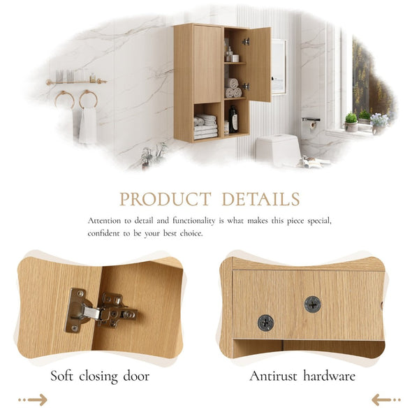 English Elm 24 Inch Oak Wall Mounted Cabinet Soft Close Doors Engineered Wood Bathroom Storage W1972S00027